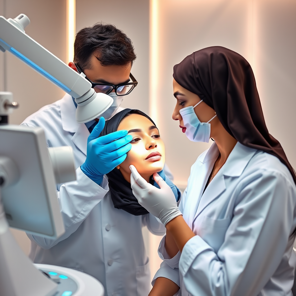 خبيرة تجميل محترفة تقوم بتحليل البشرة لامرأة عربية في عيادة تجميل حديثة ومجهزة بأحدث التقنيات في دبي