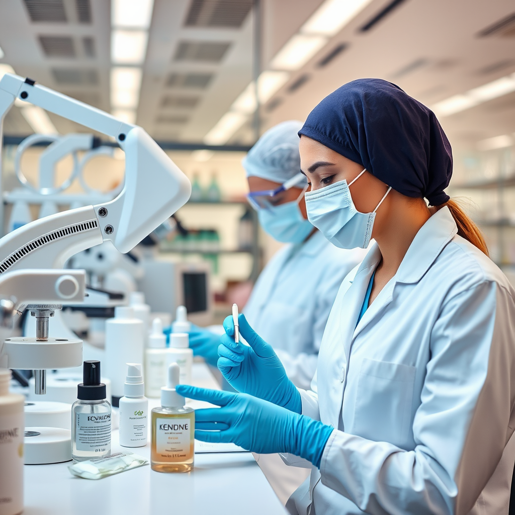 فريق من خبراء التجميل المحترفين يقومون باختبار منتجات العناية بالبشرة في مختبر حديث ومجهز بأحدث التقنيات في دبي