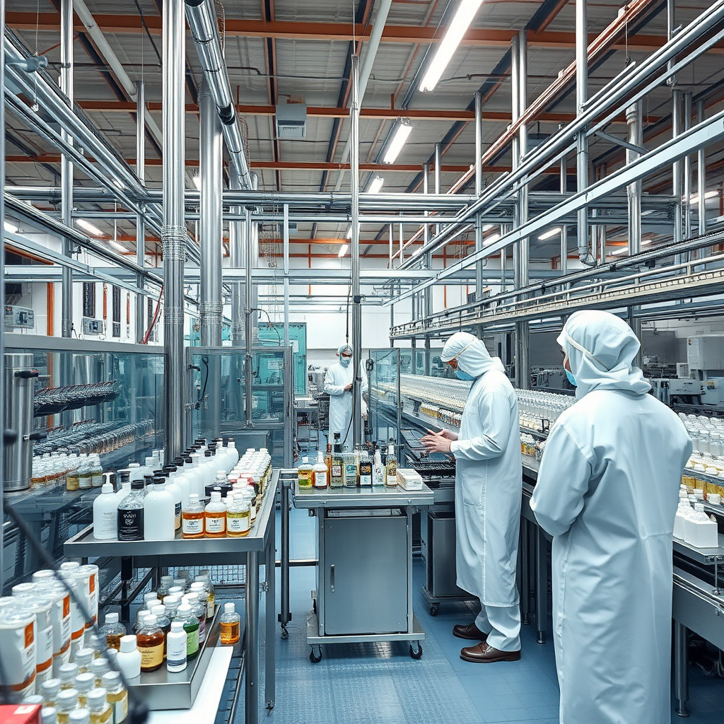 مصنع حديث لإنتاج مستحضرات التجميل والعطور في الإمارات يستخدم تقنيات صديقة للبيئة، مع خطوط إنتاج متطورة وعمال يرتدون ملابس واقية بيضاء