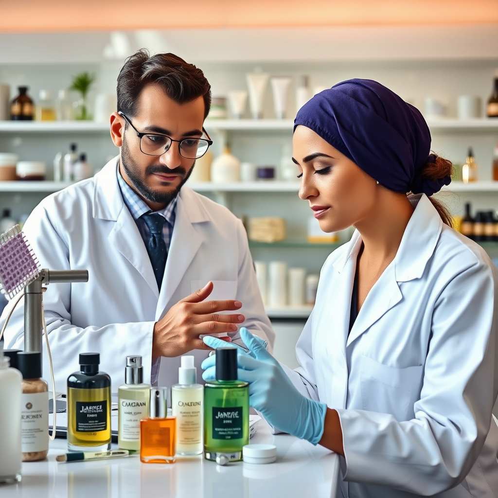 مختبر اختبار منتجات التجميل والعطور مع خبراء يقيمون جودة المستحضرات للبشرة الشرق أوسطية