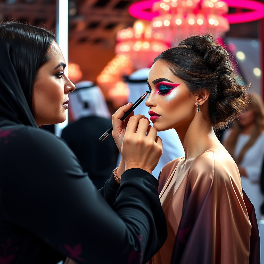 عرض أزياء في دبي يظهر فنان مكياج محترف يطبق مكياج جريء بألوان زاهية ولمسات معدنية وتصاميم عيون فنية على عارضة أزياء، مع خلفية تعكس المشهد الثقافي الديناميكي في الإمارات