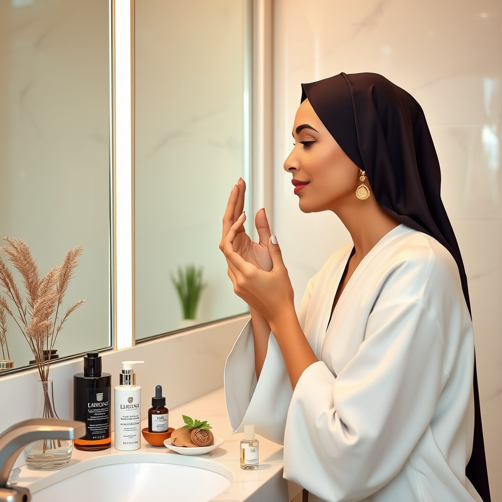 امرأة إماراتية أنيقة تطبق منتجات العناية بالبشرة العربية التقليدية في حمام حديث مع زجاجات مستحضرات التجميل الفاخرة والمكونات التقليدية